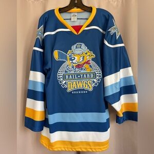 Roanoke Rail Yard Dawgs Blue and Yellow Graphic Jersey - OT Sports